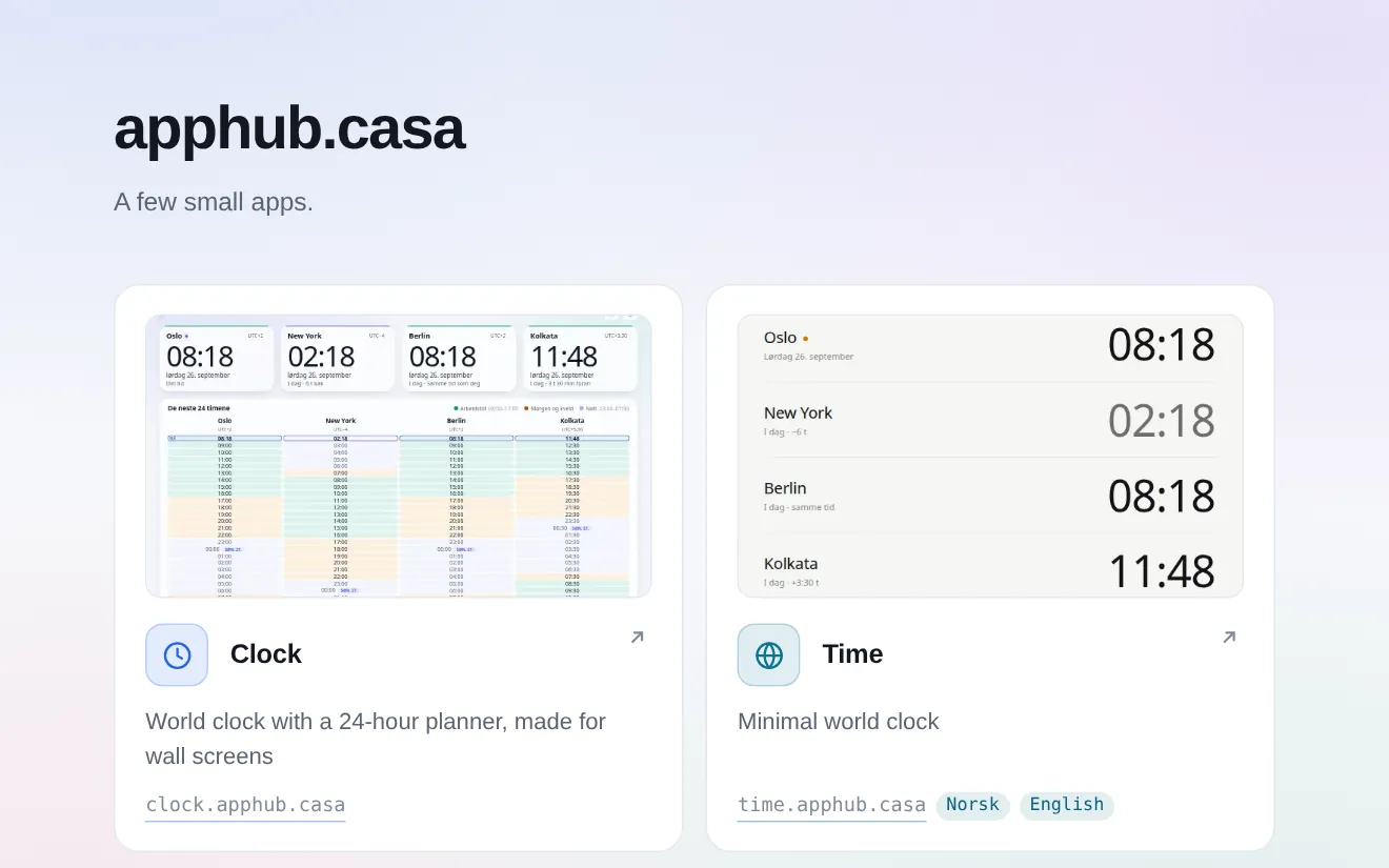 Screenshot of the apphub.casa front page, listing apps such as Clock, Time, Chores, and runes